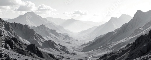 crumpled paper landscape with rugged mountains and valleys, serene, valleys, monochrome