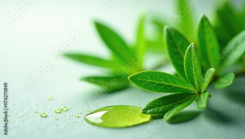 Fresh Melaleuca Alternifolia leaves with tea tree oil droplets, tea tree oil, plant extracts