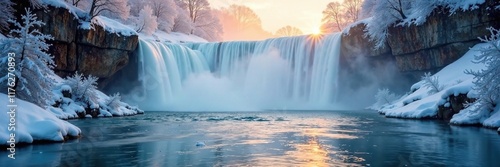 Misty morning light on frozen waterfall surface, serene, veil, translucent