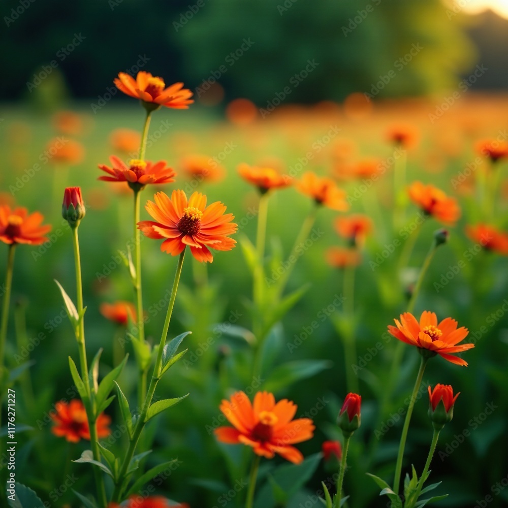 Field of orange hawkweed flowers swaying gently, evening, hawkweed Field of orange hawkweed flowers swaying gently, evening, hawkweed