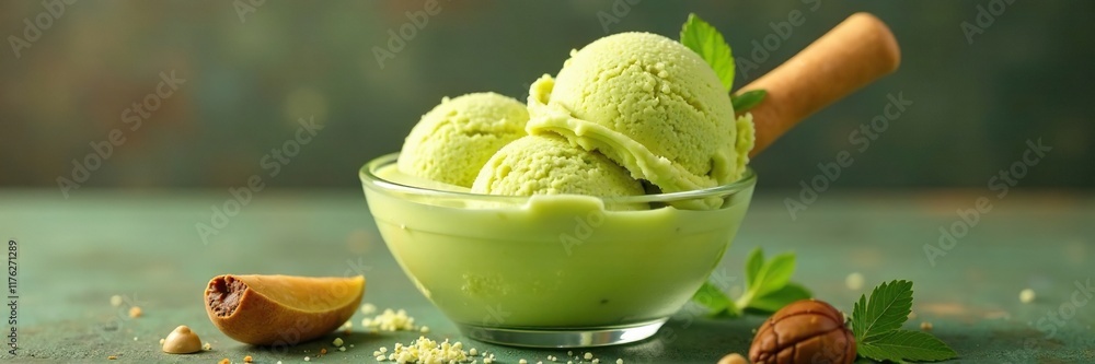 Pistachio flavored ice cream in a clear glass bowl, dessert, pistachio, ice cream Pistachio flavored ice cream in a clear glass bowl, dessert, pistachio, ice cream