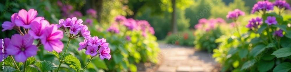 Violet geranium flowers sway gently along the winding path, foliage, garden, nature Violet geranium flowers sway gently along the winding path, foliage, garden, nature