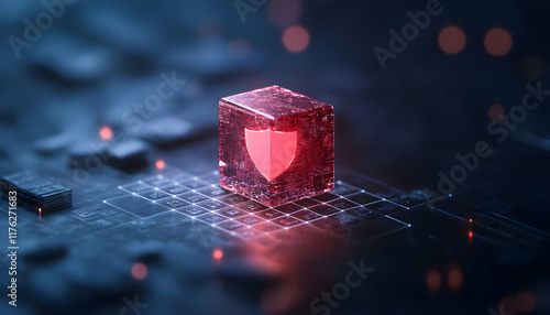 Abstract representation of cybersecurity with a glowing red shield icon on a digital network background.
