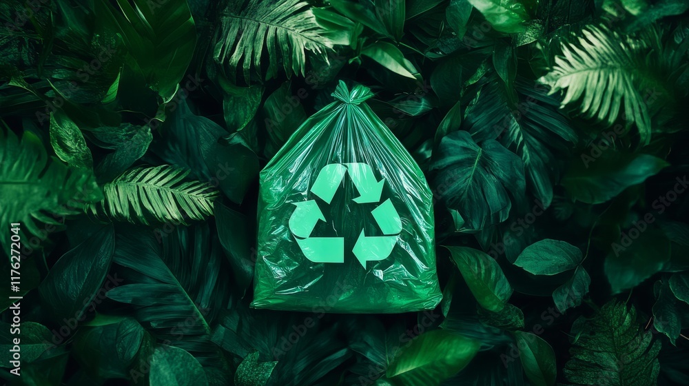 Fototapeta premium 107.A clean, modern banner featuring a green plastic bag with the recycling symbol in the center, paired with phrases for reduce, reuse, recycle, and illustrated with surrounding green plants to