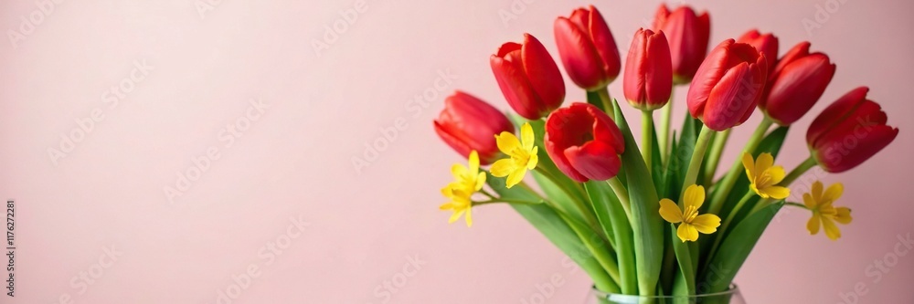 Red tulips with green stems and yellow gypsophila fill a glass vase, tulips, red Red tulips with green stems and yellow gypsophila fill a glass vase, tulips, red