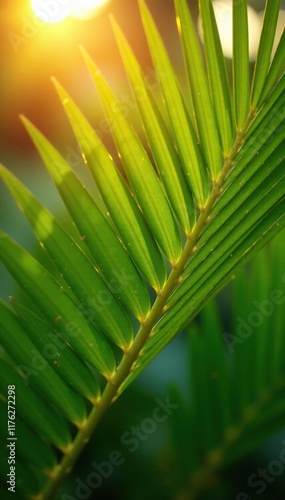 Natural palm leaf fan with green hues against a warm sunlit background, natural, sun, garden photo