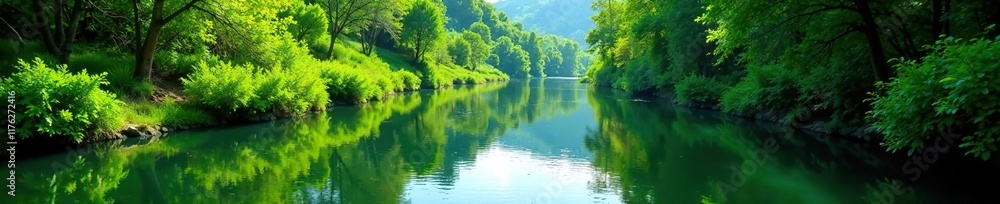 Wavy river surface reflected in lush greenery, river, nature, landscape Wavy river surface reflected in lush greenery, river, nature, landscape
