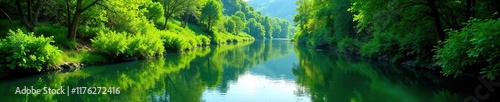 Wavy river surface reflected in lush greenery, river, nature, landscape