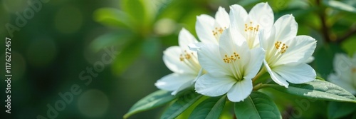 Delicate white petals unfolding from a compact rhododendron bush, ornamental trees, botanical, flowering plants