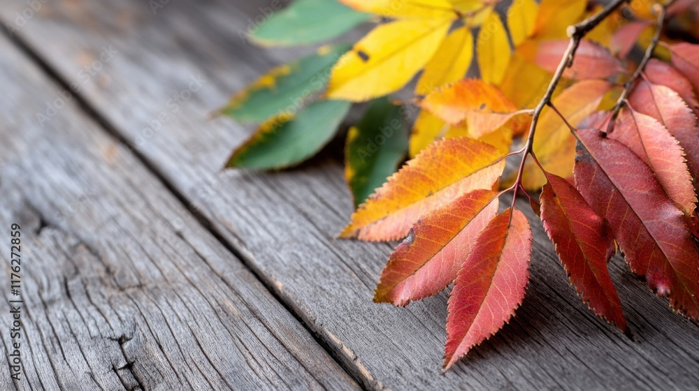 Obraz premium Colorful autumn leaves on a wooden surface, showcasing vibrant hues of yellow, orange, red, and green, symbolizing the beauty of fall.