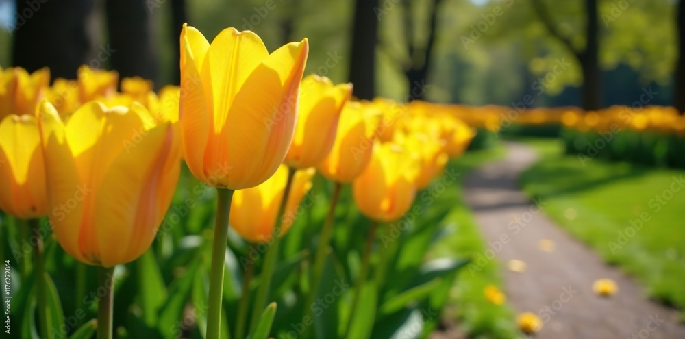 Obraz premium Sunny yellow tulips in a flowerbed alongside a winding path, orange, yellow,