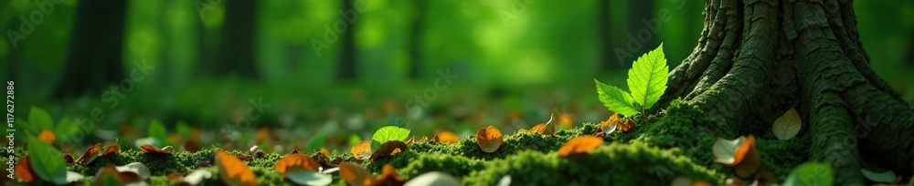 Fototapeta premium Wilted leaves and twigs scattered around the base of a dying tree with one remaining leaf, green, trees, botanical