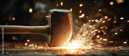Dramatic image of a heavy industrial hammer forcefully striking molten metal creating an explosion of bright fiery sparks in an intense