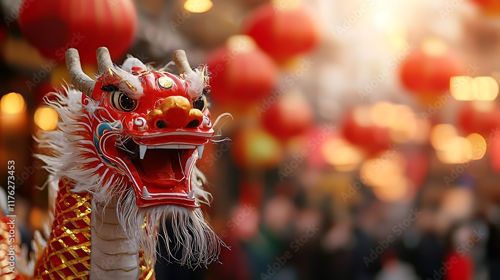 Naklejka premium Captivating Dragon Dance Procession with Vibrant Colored Lanterns Illuminating the Festive of a Traditional Chinese Cultural Event