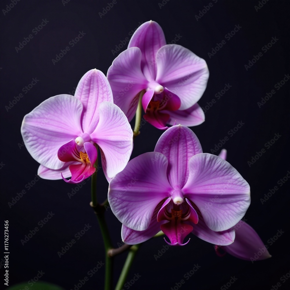 Delicate orchid blooms on dark velvet backdrop, delicate, petals, purple Delicate orchid blooms on dark velvet backdrop, delicate, petals, purple