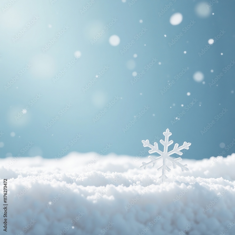 Delicate snowflake gently landing on a blank white space, vacant, light Delicate snowflake gently landing on a blank white space, vacant, light
