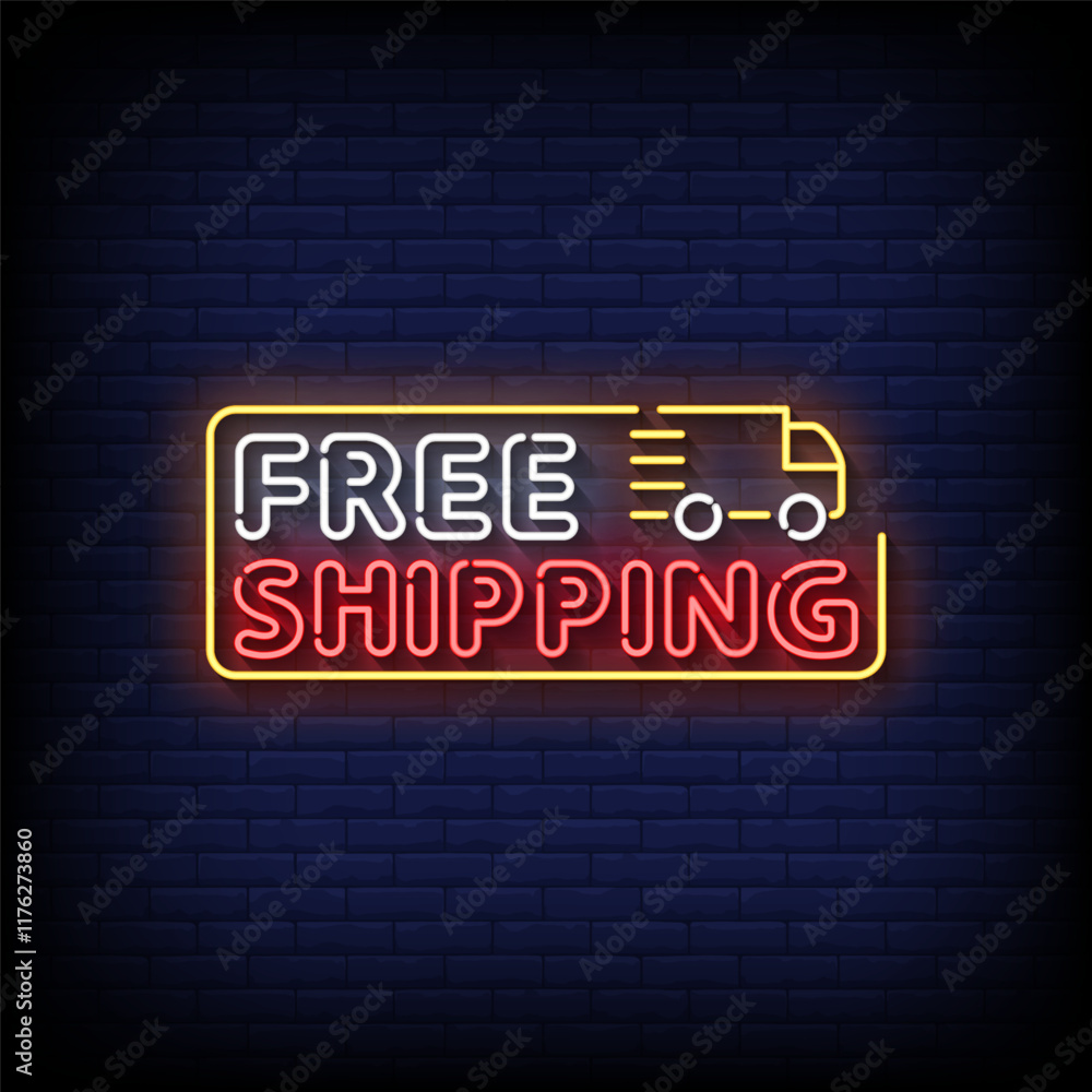 Obraz premium free shipping neon sign style with brick wall background vector