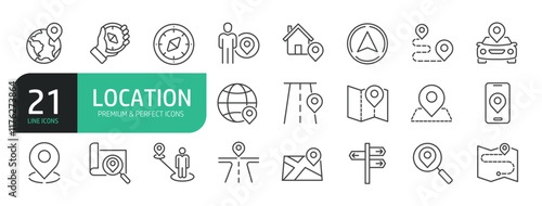 Set of line icons that includes location, map, navigation.