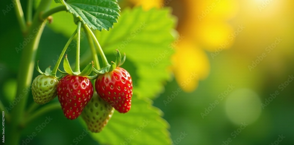 Green unripe strawberry blossoms on the vine in sunlight, garden, sunflower Green unripe strawberry blossoms on the vine in sunlight, garden, sunflower