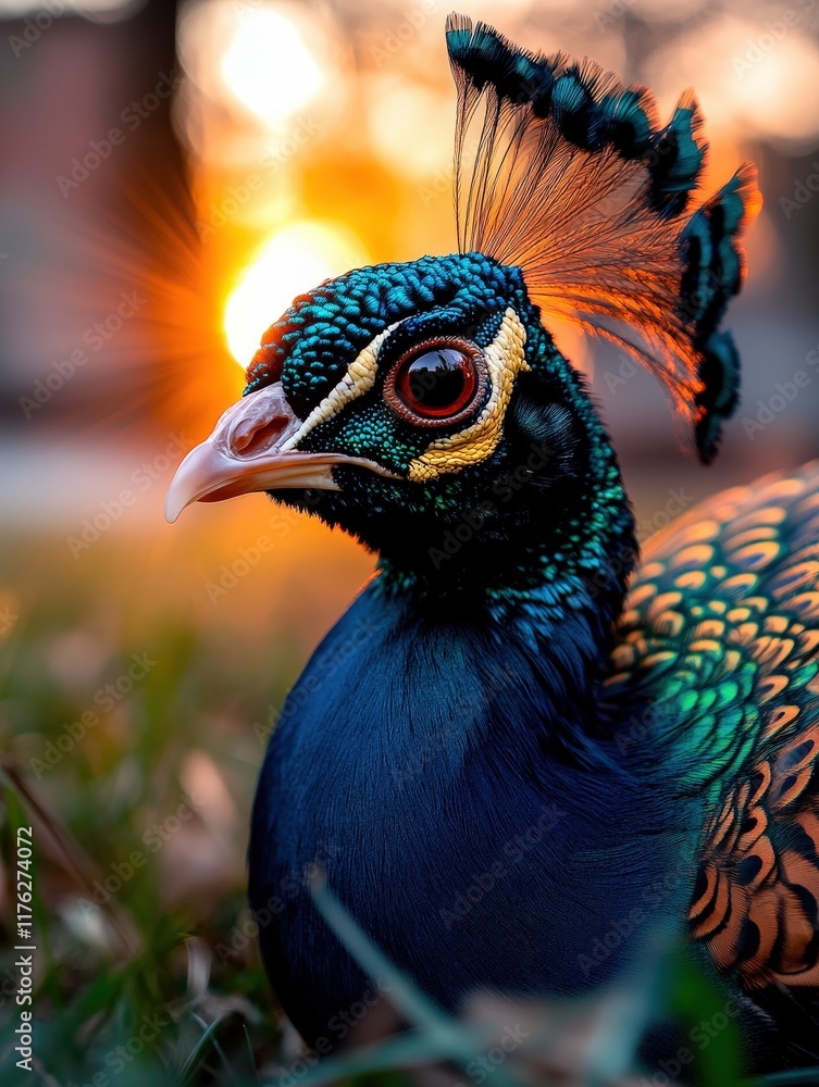 Obraz premium A vibrant peacock elegantly posed at sunset, showcasing its colorful feathers and captivating gaze, embodying beauty and grace in the warm glow of the sunset backdrop.