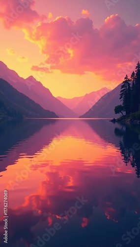 Orange and pink hues blend in the still waters of a quiet lake, serene lakes, body of water, sunset colors