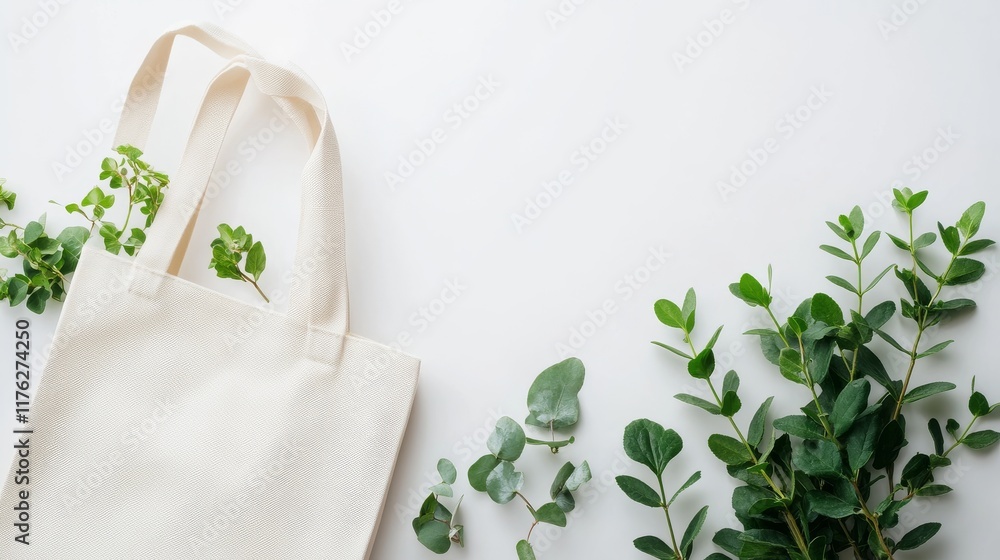 12.An isolated white canvas tote bag with a seamless backdrop, styled with minimal props like fresh greenery to emphasize sustainability, highlighting the texture and fabric quality of the zero-waste 12.An isolated white canvas tote bag with a seamless backdrop, styled with minimal props like fresh greenery to emphasize sustainability, highlighting the texture and fabric quality of the zero-waste