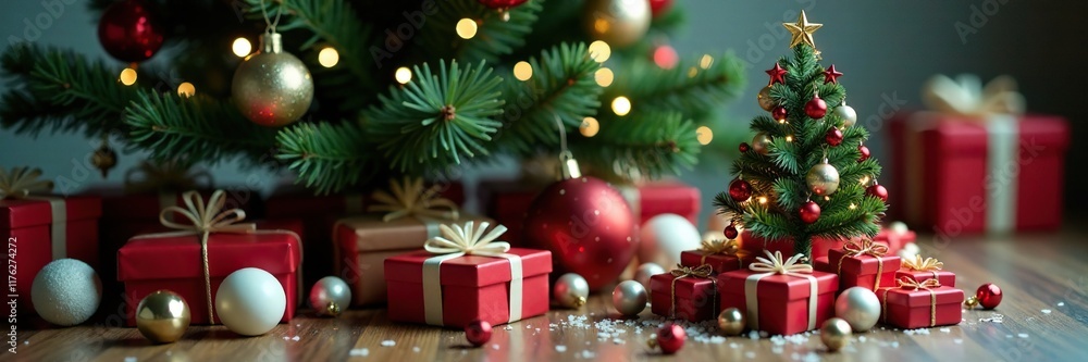 A large pile of presents and decorations spills out from beneath a small Christmas tree, decorations, festive A large pile of presents and decorations spills out from beneath a small Christmas tree, decorations, festive