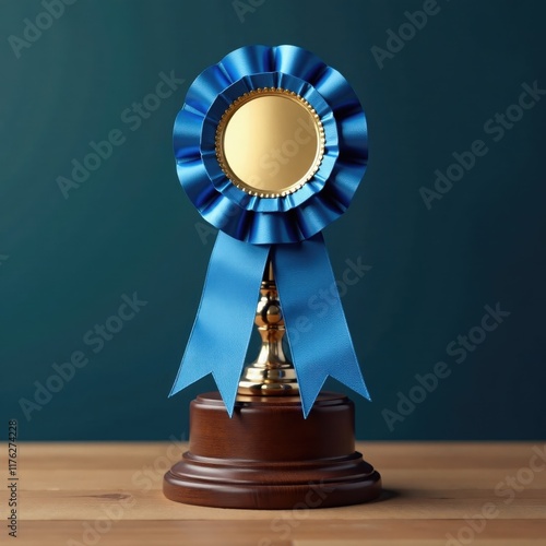 Blue ribbon award rosette with gold details hanging from a wooden trophy stand , prize, wooden photo