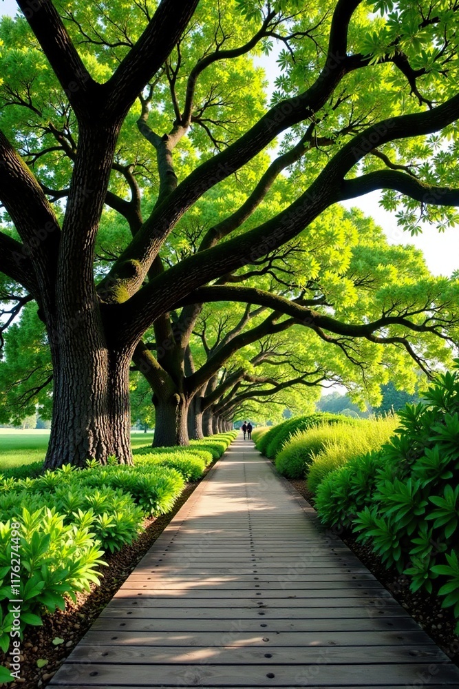 Obraz premium Live oak's sprawling canopy above wooden boardwalk, walkway, leaves, pathway