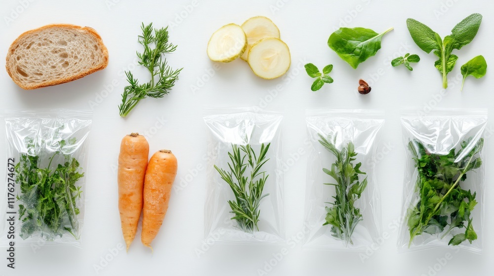 59.A minimalistic still life of foods like herbs, vegetables, and sliced bread, each item individually wrapped in plastic bags and laid out on a clean white surface with a backlit effect, focusing on 59.A minimalistic still life of foods like herbs, vegetables, and sliced bread, each item individually wrapped in plastic bags and laid out on a clean white surface with a backlit effect, focusing on