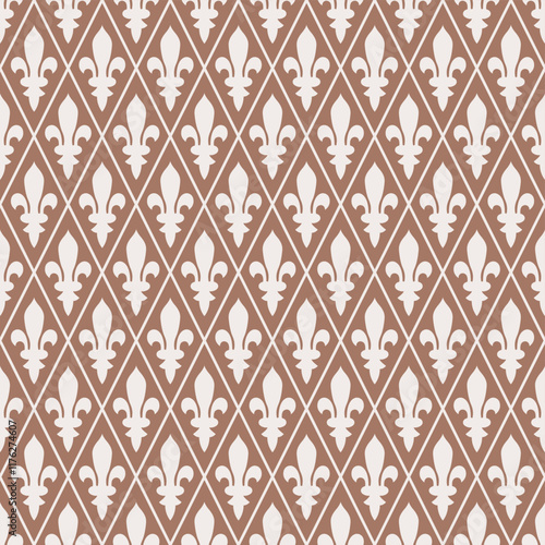 Seamless mocha brown fleur de lis medieval pattern vector