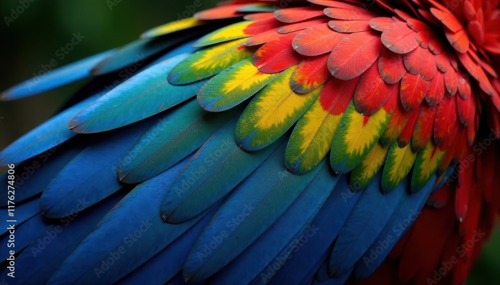 Obraz premium Colorful parrot's wing display, showcasing iridescent sheen and intricate feathers, iridescent, parrot