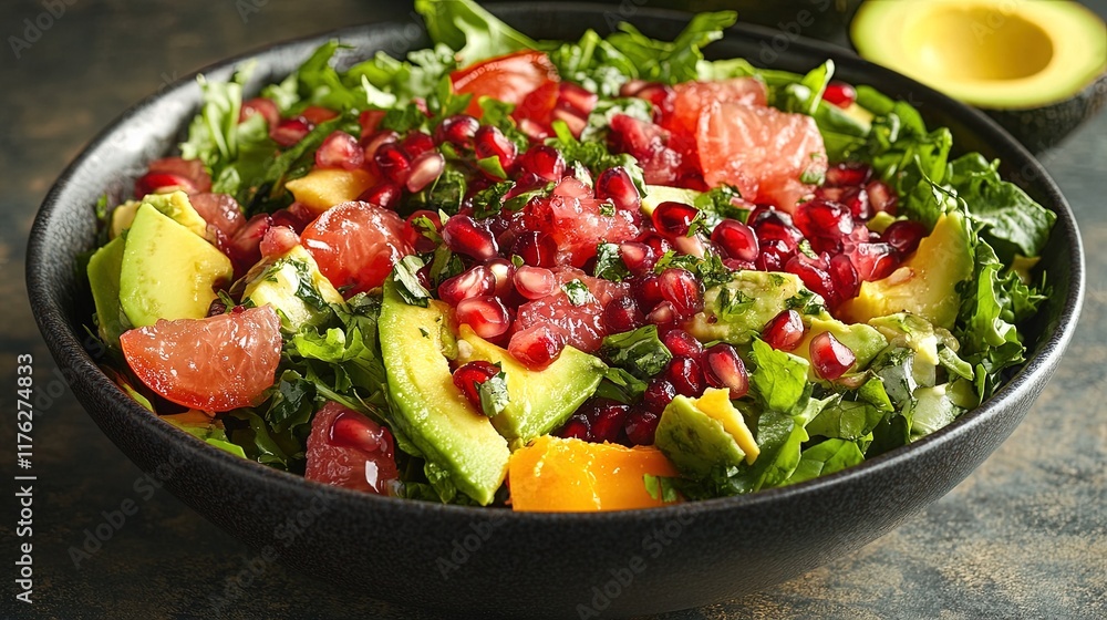 A vibrant salad bowl bursting with colorful ingredients like avocado, pomegranate, and greens A vibrant salad bowl bursting with colorful ingredients like avocado, pomegranate, and greens