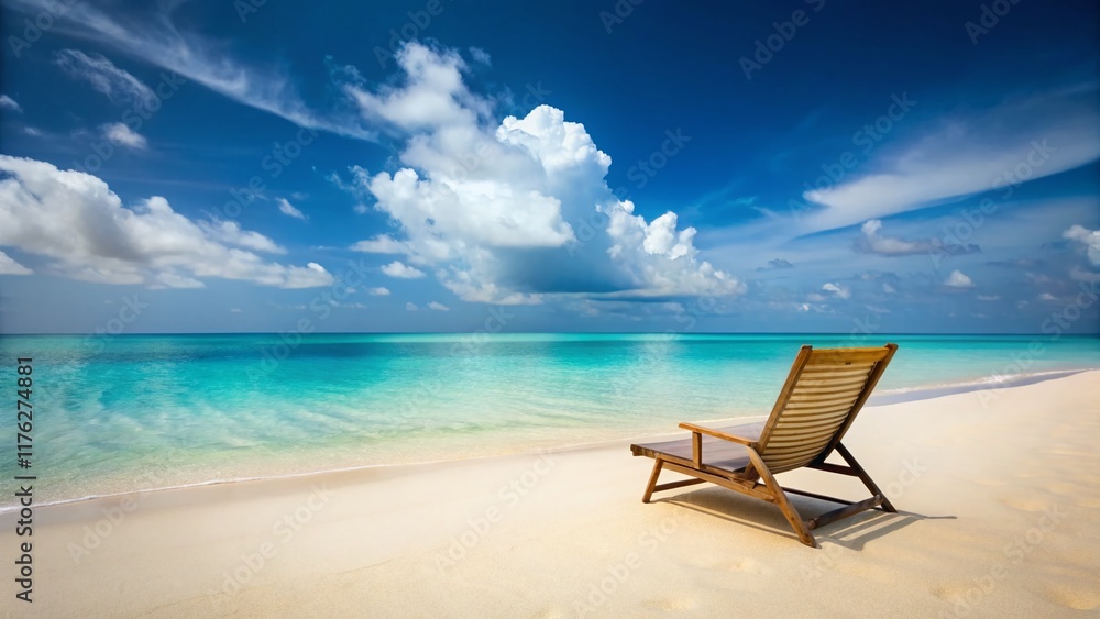 Minimalist Beach Scene: Empty Lounge Chair on Sandy Shore, Summer Vacation Minimalist Beach Scene: Empty Lounge Chair on Sandy Shore, Summer Vacation