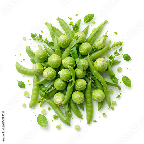 Vibrant overhead image of fresh green peas and Brussels sprouts, arranged in a visually appealing circular composition on a pure white background.