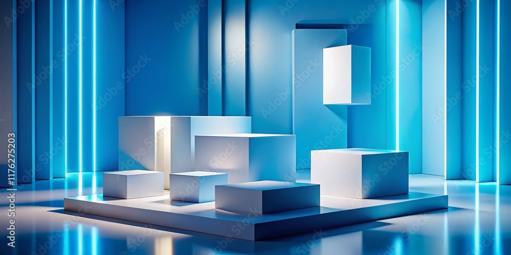 Minimalist Blue Podium with 3D White Geometric Forms - Fashion Show Stage Product Display Minimalist Blue Podium with 3D White Geometric Forms - Fashion Show Stage Product Display