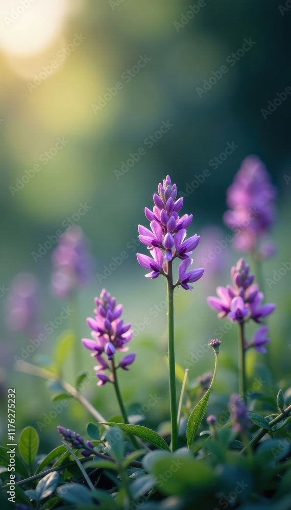 Delicate purple flowers bloom in soft focus, surrounded by gentle mist, purple flowers, nature Delicate purple flowers bloom in soft focus, surrounded by gentle mist, purple flowers, nature