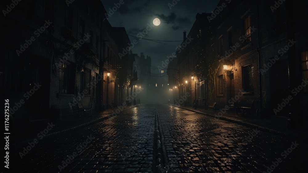 Fototapeta premium Noir Image Dark Mysterious City Village Anime Game Scene