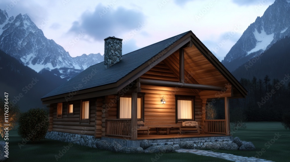 Cozy log cabin surrounded by mountains at dusk. Cozy log cabin surrounded by mountains at dusk.