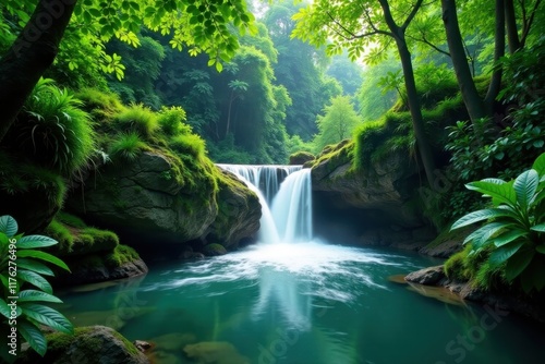 Lush foliage surrounds tranquil water flow under jungle dam, pervasive, watery
