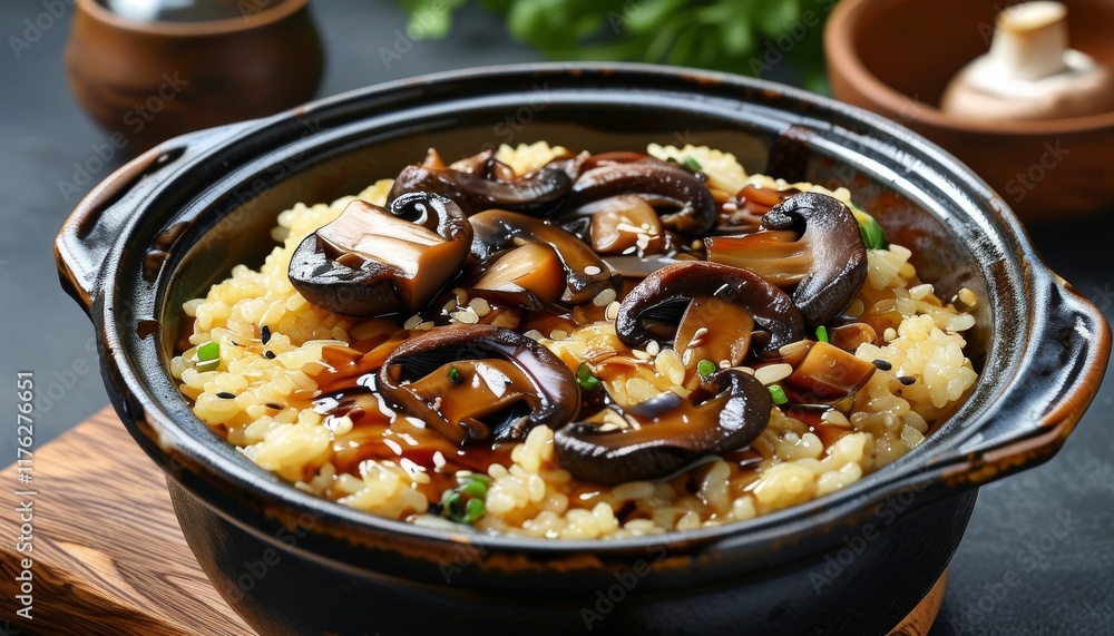 Claypot Rice Dish with Mushrooms and Savory Sauce Top Down View Delicious Asian Cuisine Claypot Rice Dish with Mushrooms and Savory Sauce Top Down View Delicious Asian Cuisine