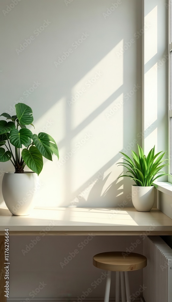 Minimalist Workspace with Planted Greenery and Light, productivity, wellness Minimalist Workspace with Planted Greenery and Light, productivity, wellness