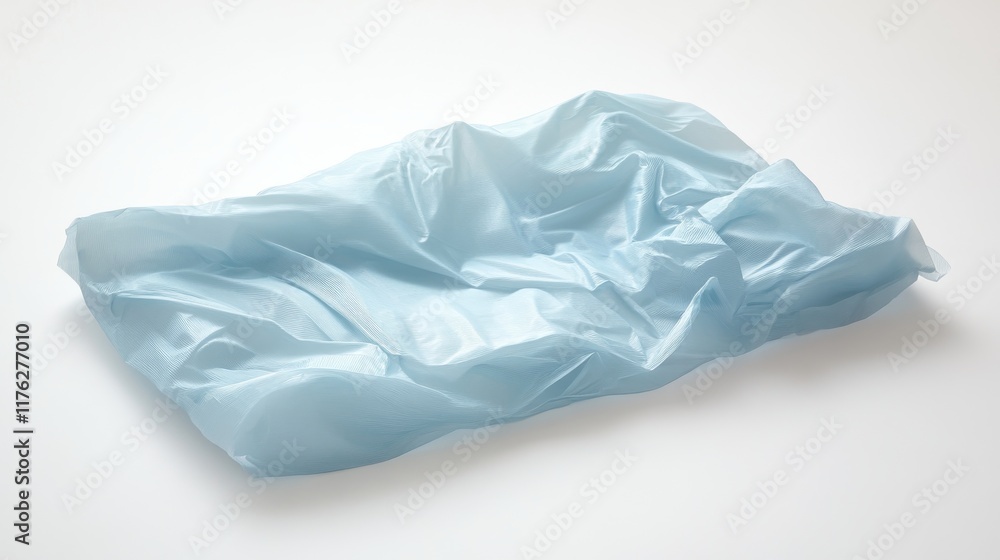 Fototapeta premium 21.A wrinkled light blue plastic bag lying flat on a white background, with soft lighting emphasizing the creases and transparency, capturing the simplicity and ubiquity of single-use plastics.