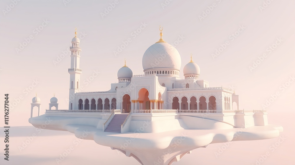 Naklejka premium architectural of a 3D rendered fantasy Islamic building on a floating island. The style is adorable and cute. Soft pastel color scheme, gentle soft lighting, diffused shadows and subtle illumination