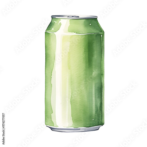 A Minimalist Watercolor of a Green Soda Can on a White Background