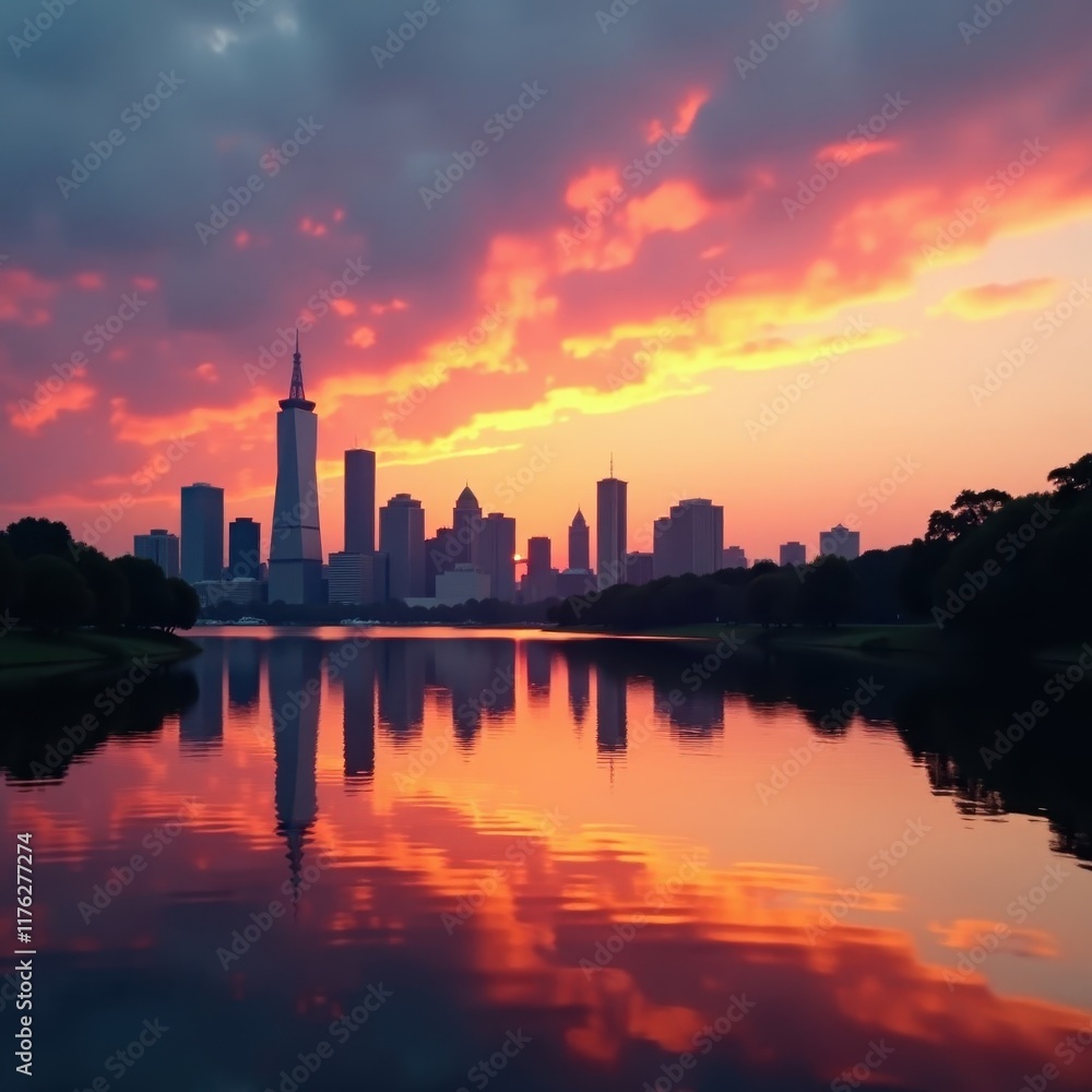 Reflections of the city in a calm lake or river at sunset, evening light, cityscapes Reflections of the city in a calm lake or river at sunset, evening light, cityscapes
