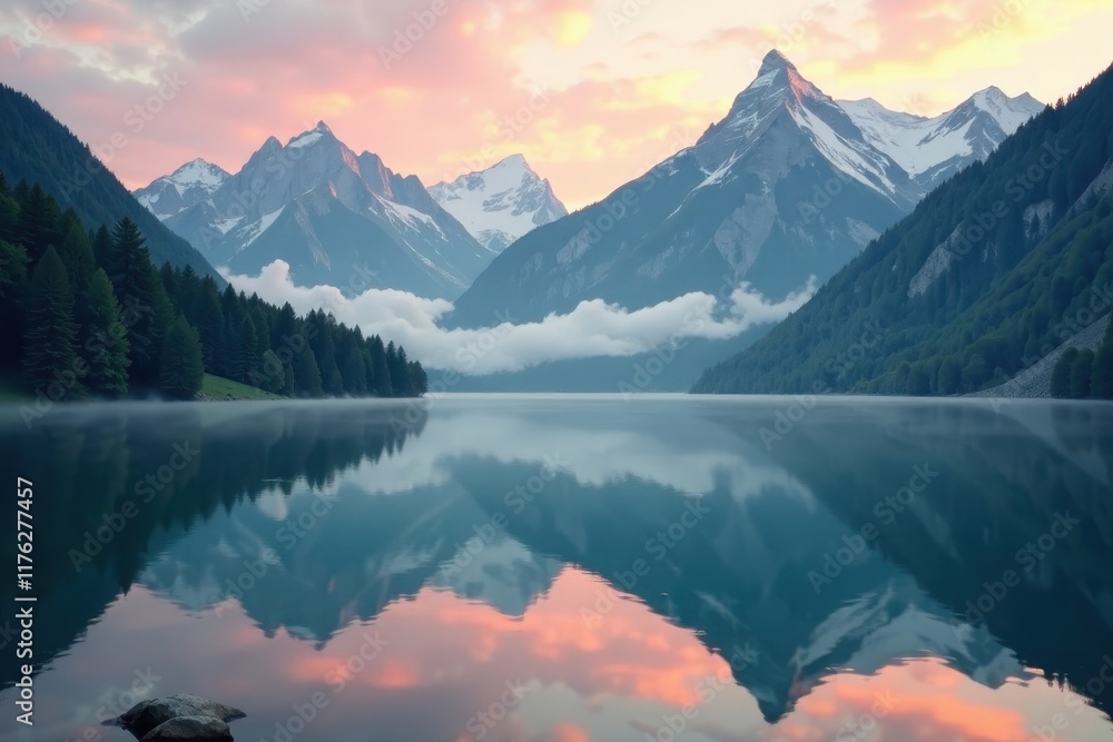 Serene lake reflected in misty mountains at dawn , calmness, mist Serene lake reflected in misty mountains at dawn , calmness, mist