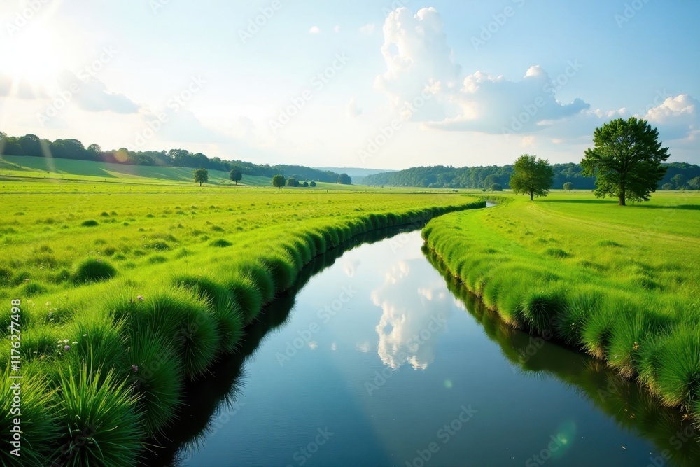 Obraz premium Serene river meanders through green fields on a sunny day, sunshine, landscape