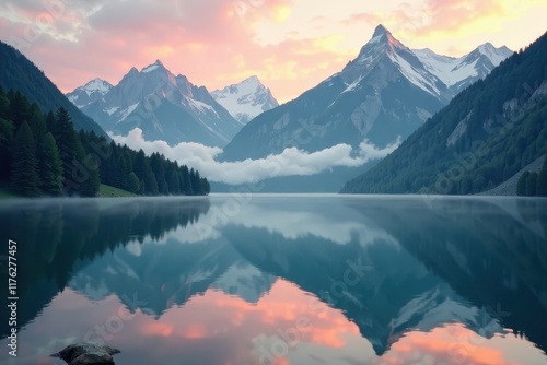 Wallpaper Mural Serene lake reflected in misty mountains at dawn , calmness, mist Torontodigital.ca