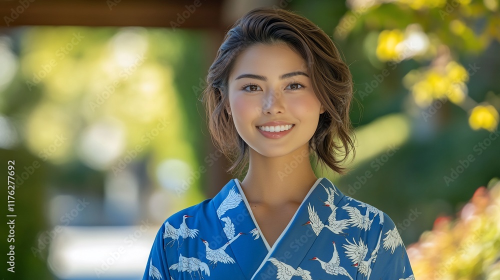 A smiling woman in a traditional blue kimono outdoors. A smiling woman in a traditional blue kimono outdoors.
